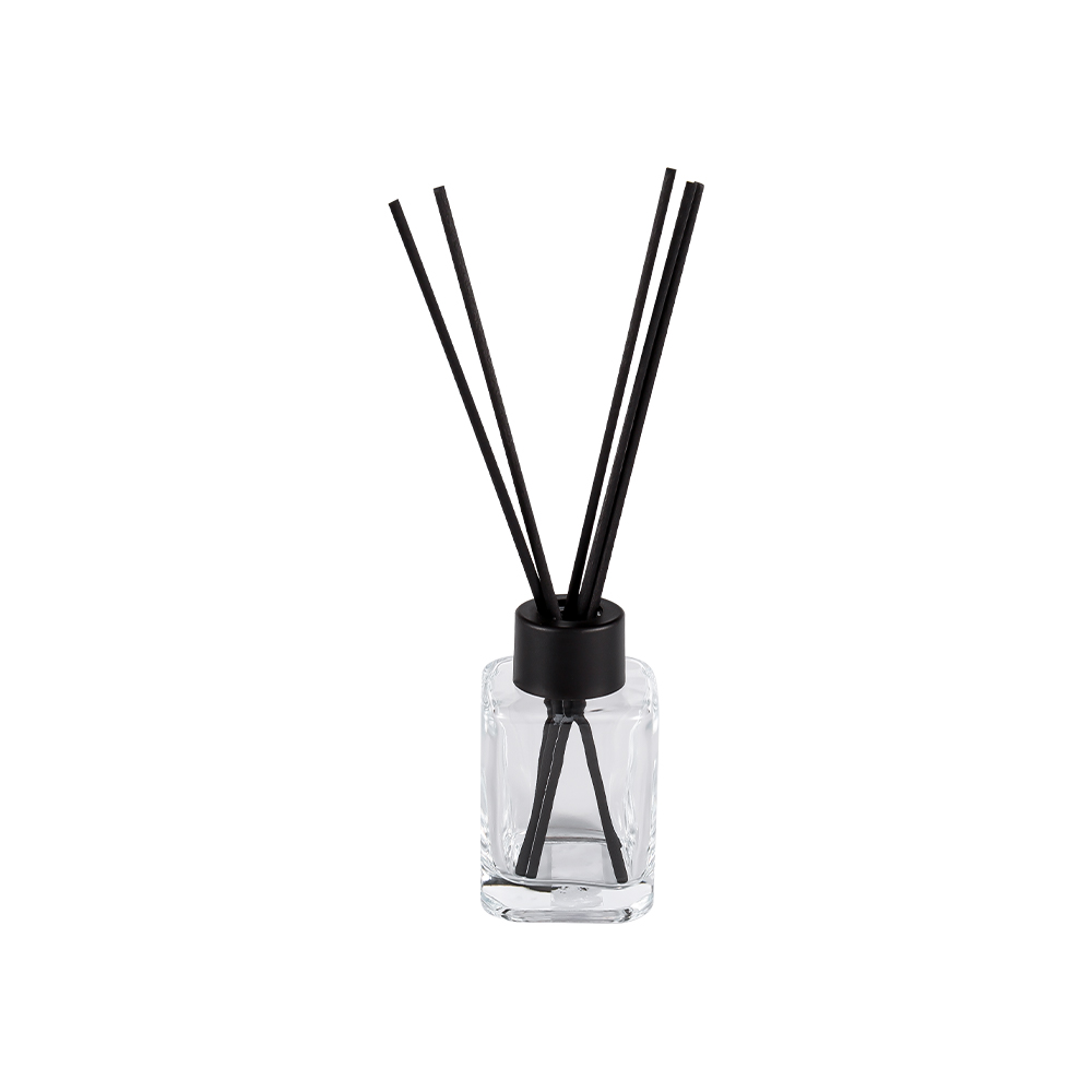 HJ-RX2248 Četvrtasta boca s difuzorom s plastičnim čepom na navoj na vrat i naljepnicom od mat crnih vlakana