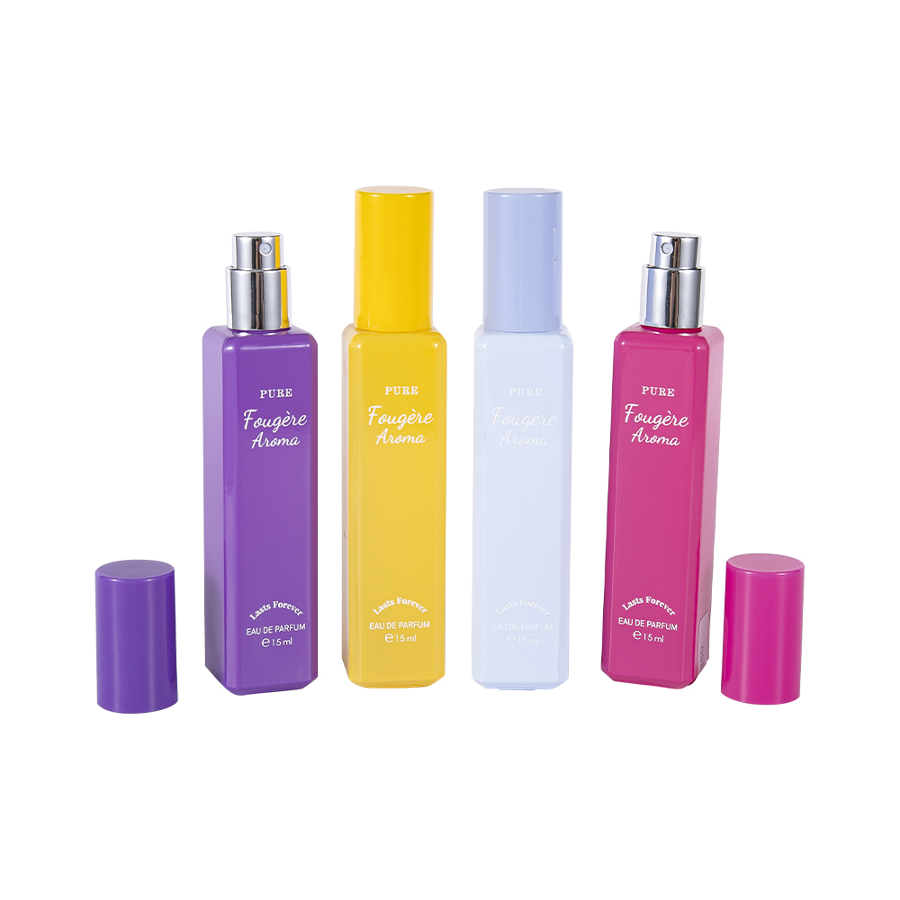 GC4222-WJ2369 Staklena bočica parfema malog kapaciteta od 15 ml sa šarenim PP plastičnim čepom