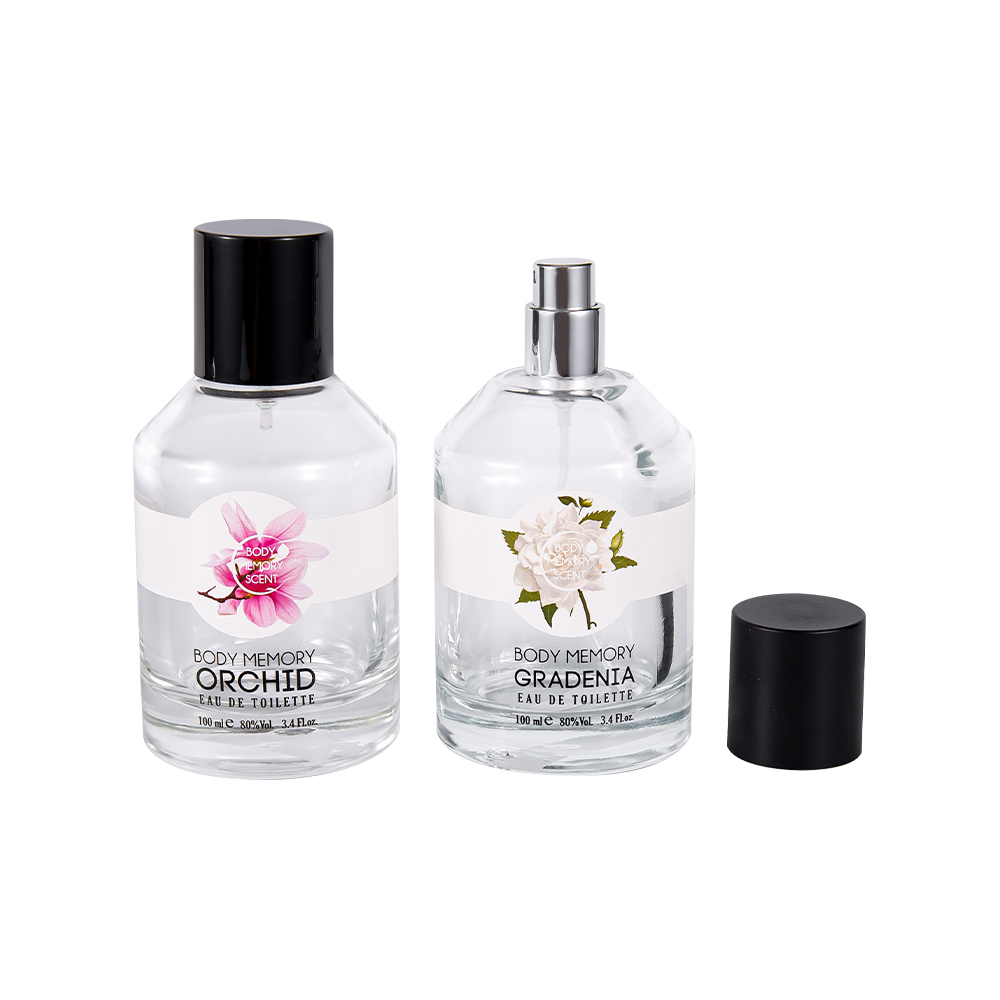 KY1603-WJ2388 Staklena bočica parfema s tiskanom naljepnicom od 100 ml s cilindričnim sjajnim mat crnim PP poklopcem